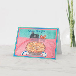 Tarjeta de agradecimiento, perro y gato planeando 