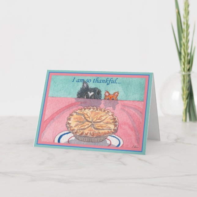 Tarjeta de agradecimiento, perro y gato planeando  (Anverso)