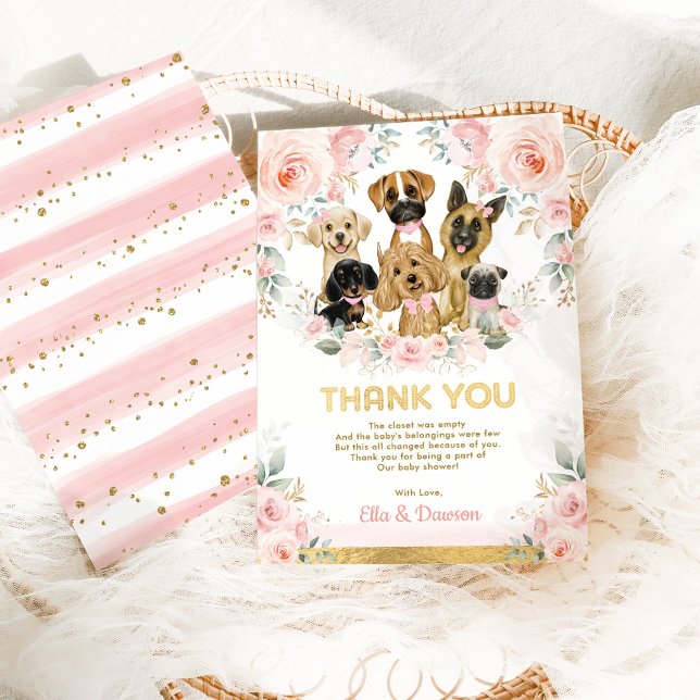 Tarjeta De Agradecimiento Perros florales rosados de Baby Shower Rubor Girly (Subido por el creador)