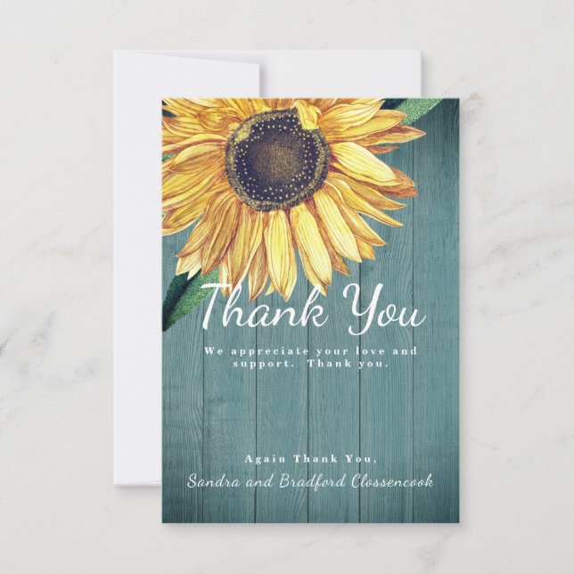 Tarjeta De Agradecimiento Personaliza Madera de Granero de Girasoles Chic Rú (Anverso)