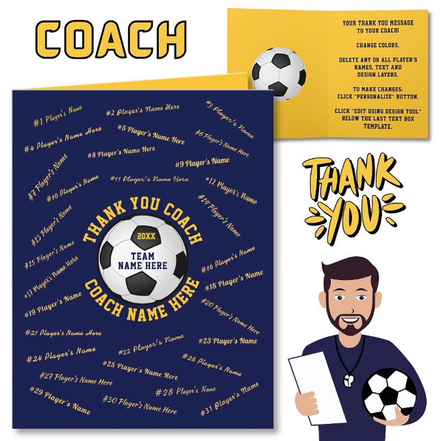 Tarjeta de agradecimiento personalizada azul para  (Soccer Coach Thank You Card. Cheap soccer coach gift ideas. Soccer coach card. )