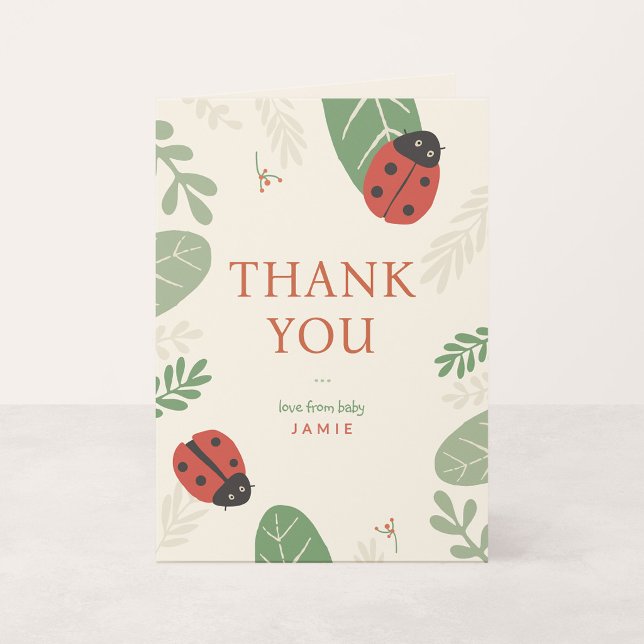 Tarjeta de agradecimiento personalizada para bebé  (Ladybird Meadow - Small 4.25 x 5.5" Folded Thank You Card)