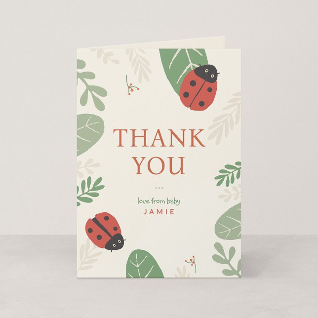 Tarjeta de agradecimiento personalizada para bebé  (Ladybird Meadow - Small 4.25 x 5.5" Folded Ladybug Thank You Card)