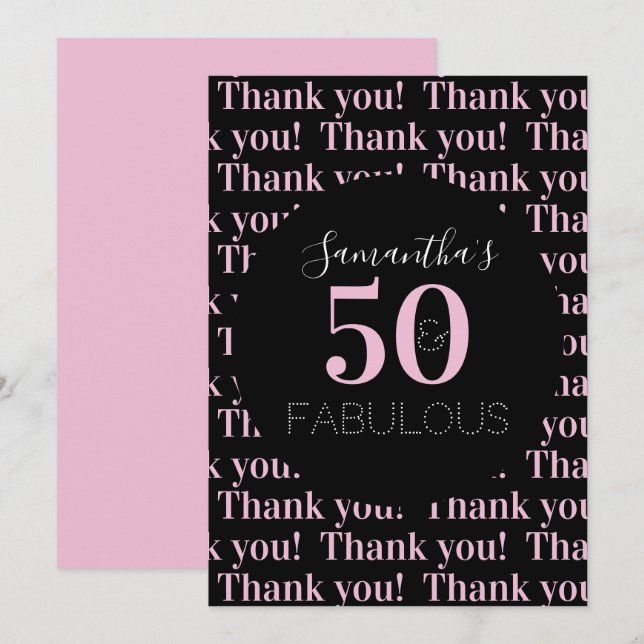 Tarjeta De Agradecimiento Personalizado 50 y fabuloso Black Pink (Anverso / Reverso)