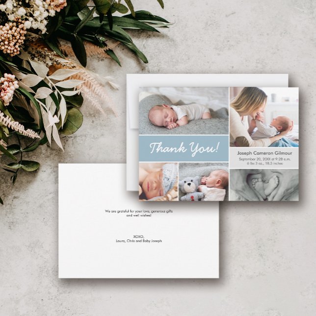 Tarjeta De Agradecimiento Personalizado azul Mod Collage de fotos Baby Boy N (Baby shower blue thank you photo collage card. Personal message, birth stat and baby name.)