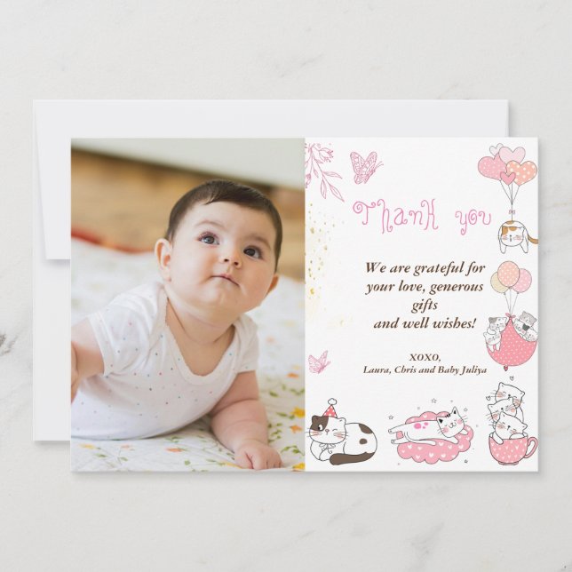 Tarjeta De Agradecimiento Personalizado Baby Shower Foto con gatos (Anverso)