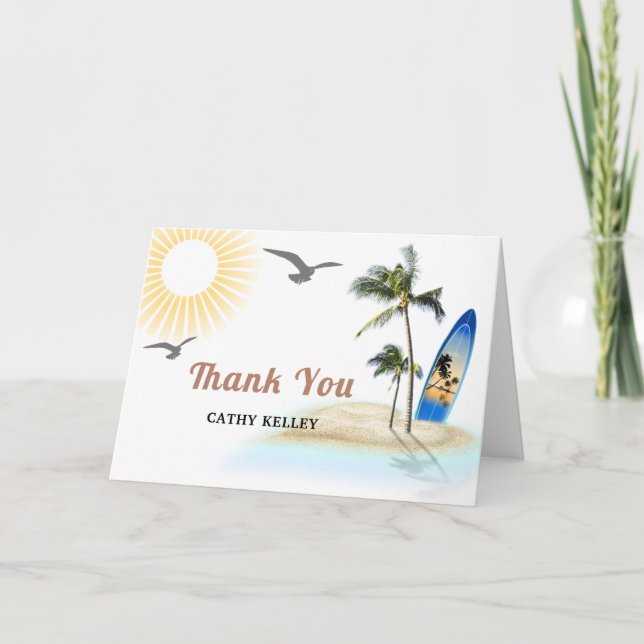 Tarjeta De Agradecimiento Personalizado Branded Beach Surfing Baby Shower Gr (Anverso)