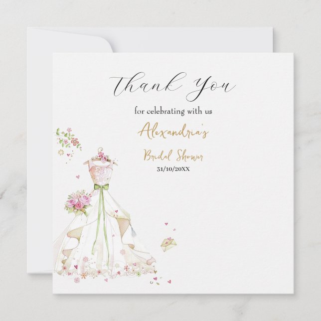 Tarjeta De Agradecimiento Personalizado Bridal Shower Boda Vestido Gracias (Anverso)