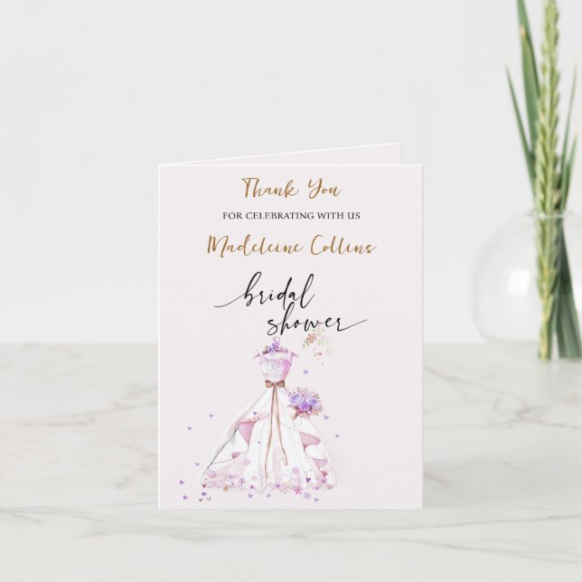 Tarjeta De Agradecimiento Personalizado Bridal Shower Boda vestido Gracias (Anverso)