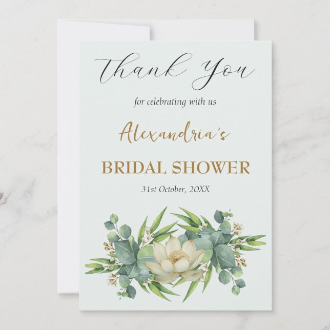 Tarjeta De Agradecimiento Personalizado Bridal Shower flores blancas Gracias (Anverso)