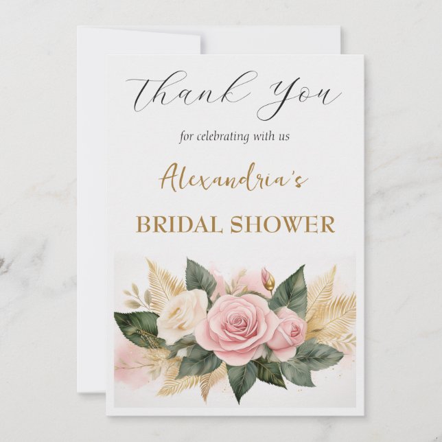 Tarjeta De Agradecimiento Personalizado Bridal Shower flores rosadas Gracias (Anverso)