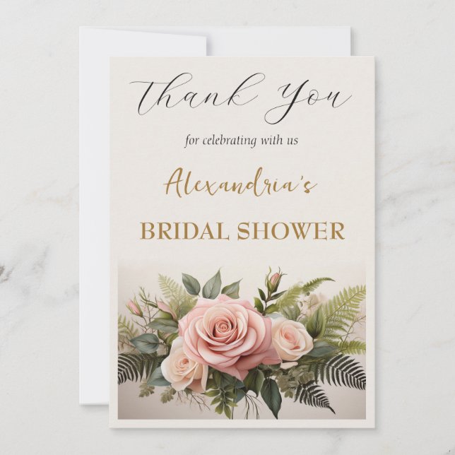 Tarjeta De Agradecimiento Personalizado Bridal Shower flores rosadas Gracias (Anverso)