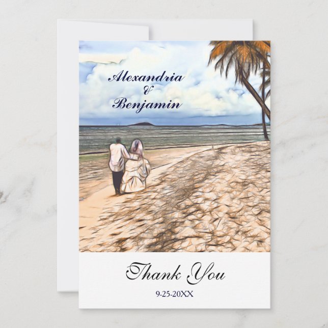 Tarjeta De Agradecimiento Personalizado de acuarela de bodas tropicales de v (Anverso)