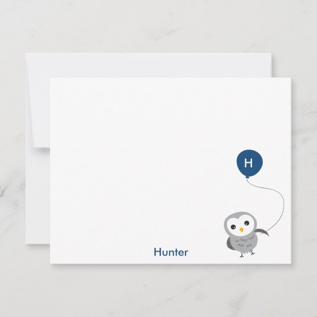 Tarjeta De Agradecimiento Personalizado de búho Gracias Nota, gris y azul ma (Anverso)