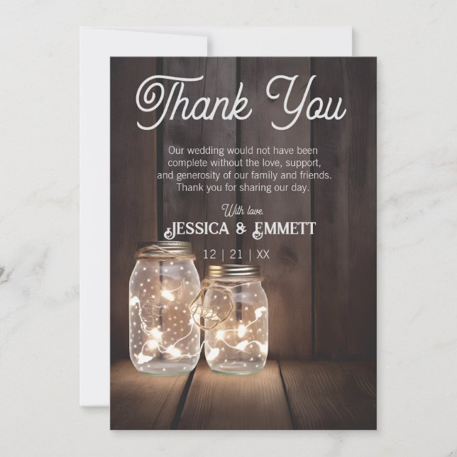 Tarjeta De Agradecimiento Personalizado de Cadenas de Luz de Mason Jar, Boda (Anverso)