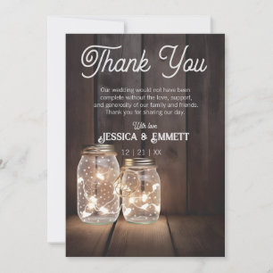 Tarjeta De Agradecimiento Personalizado de Cadenas de Luz de Mason Jar, Boda