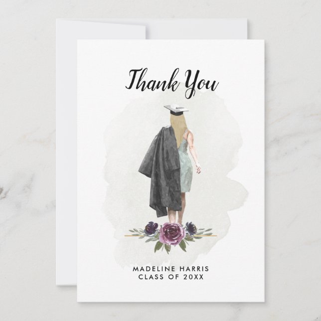 Tarjeta De Agradecimiento Personalizado de Chica de acuarela floral Graduaci (Anverso)