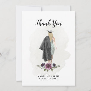 Tarjeta De Agradecimiento Personalizado de Chica de acuarela floral Graduaci