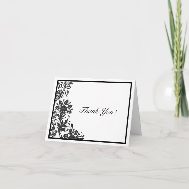 Tarjeta De Agradecimiento Personalizado de Damasco floral blanco y negro (Anverso)