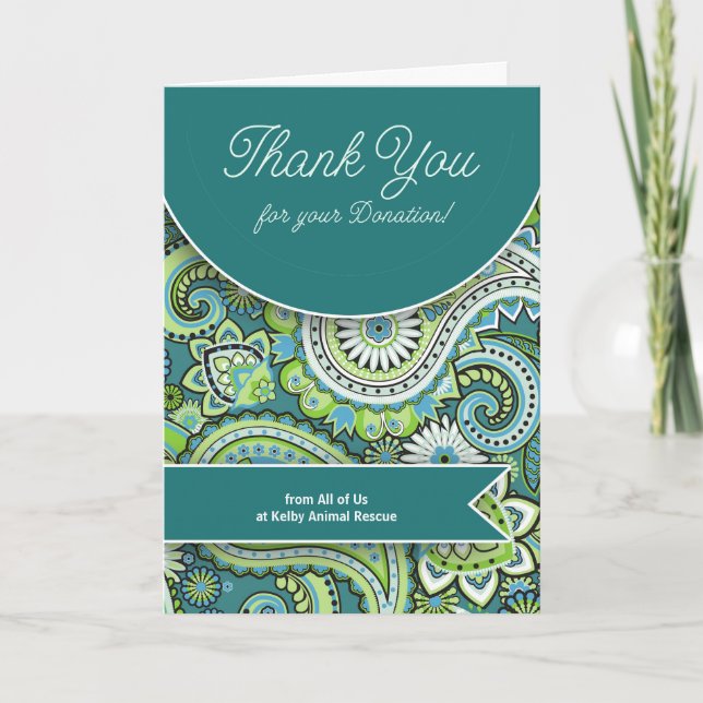 Tarjeta De Agradecimiento Personalizado de Donación de Green Paisley (Anverso)