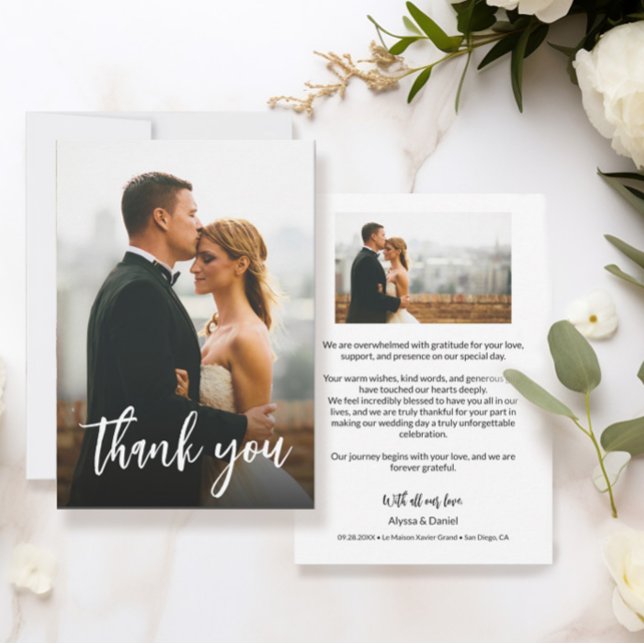 Tarjeta De Agradecimiento Personalizado de escritura moderna 2 fotos Bodas (Thoughtful personal wedding thank you message. Customizable text and photos.)