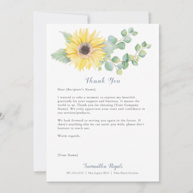 Tarjeta De Agradecimiento Personalizado de girasol Gracias Cartas por Negoci (Anverso)