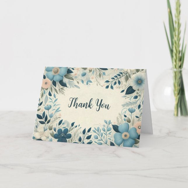 Tarjeta De Agradecimiento Personalizado de marco floral azul plegado Gracias (Anverso)