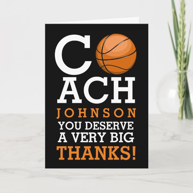 Tarjeta De Agradecimiento Personalizado del entrenador de baloncesto en negr (Anverso)