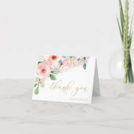 Tarjeta De Agradecimiento Personalizado floral acuarela rosa y dorado