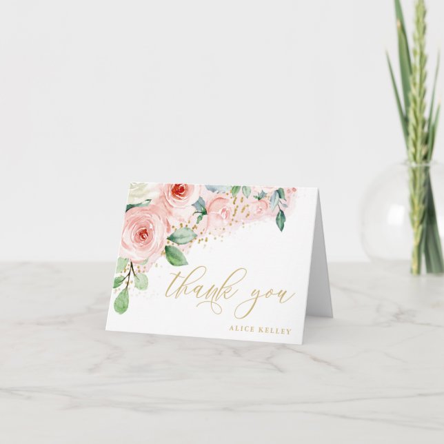 Tarjeta De Agradecimiento Personalizado floral acuarela rosa y dorado (Anverso)