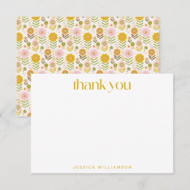 Tarjeta De Agradecimiento Personalizado floral amarillo retro ducha de novia (Anverso / Reverso)