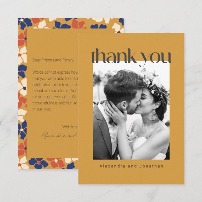 Tarjeta De Agradecimiento Personalizado floral amarillo retro Mensaje Boda d (Anverso / Reverso)