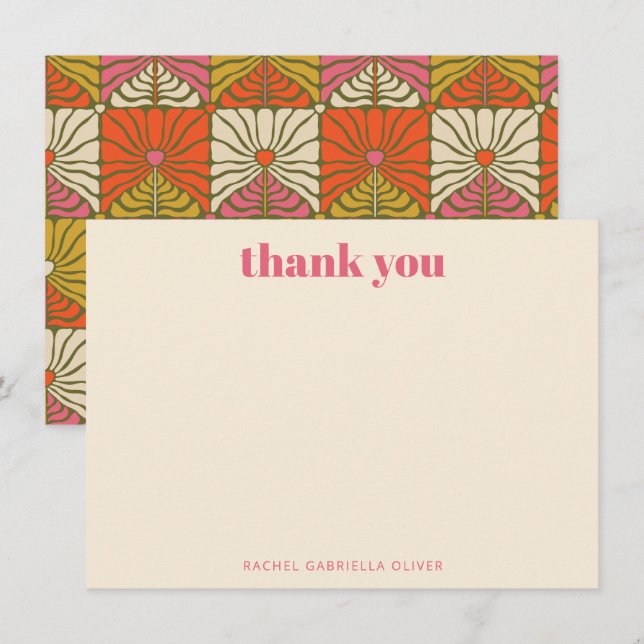 Tarjeta De Agradecimiento Personalizado floral de Groovy 70s Naranja rosa ve (Anverso / Reverso)