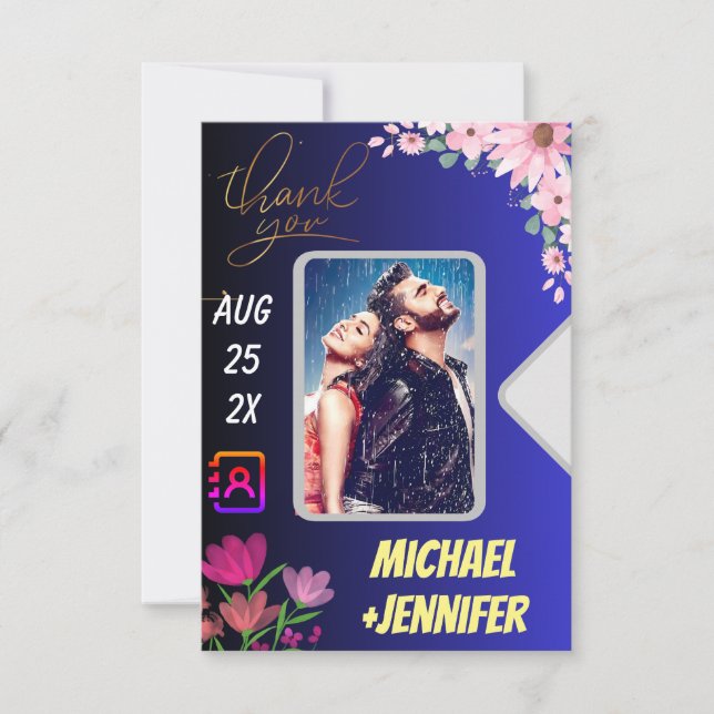 Tarjeta De Agradecimiento Personalizado floral moderno Foto Boda de código Q (Anverso)