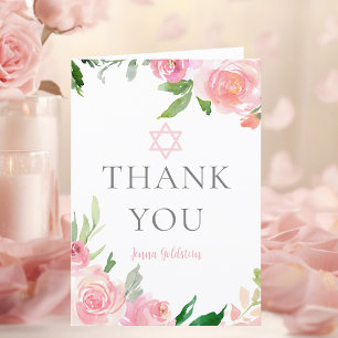 Tarjeta De Agradecimiento Personalizado Floral Rosa Bat Mitzvah Fiesta judío