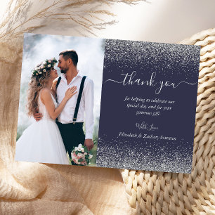 Tarjeta De Agradecimiento Personalizado Foto: Boda Purpurina Dark Blue Silve