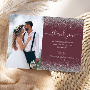 Tarjeta De Agradecimiento Personalizado Foto: Boda Purpurina de Plata Borgoñ