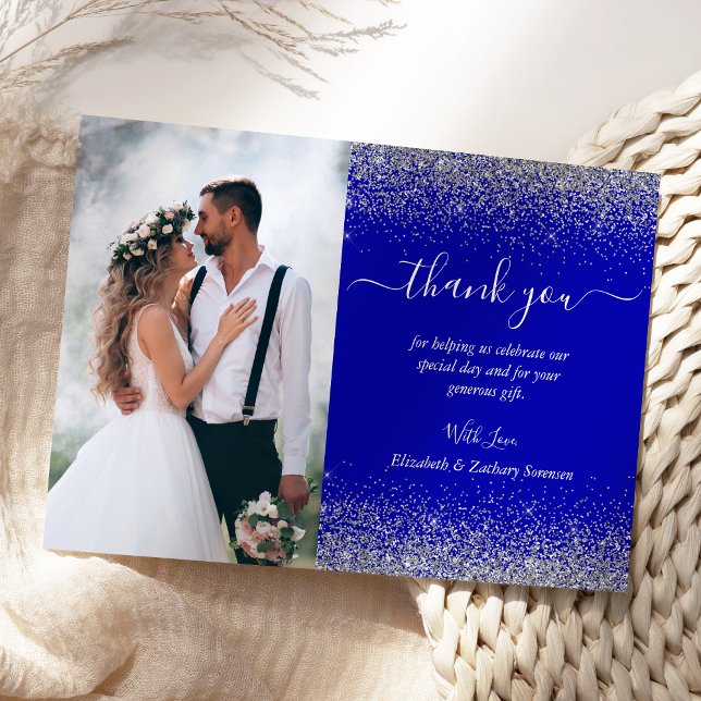 Tarjeta De Agradecimiento Personalizado Foto Boda Purpurina Royal Blue Silve (Subido por el creador)