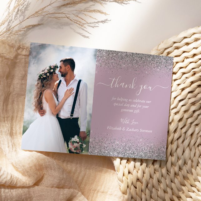 Tarjeta De Agradecimiento Personalizado Foto Dusty Lilac Purpurina Boda (Subido por el creador)