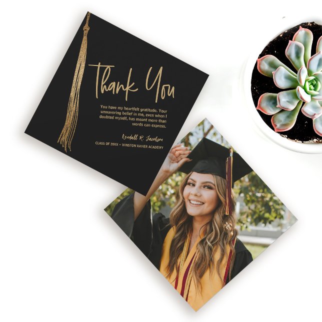 Tarjeta De Agradecimiento Personalizado Foto Graduación Única de Black Gold  (Unique, creative Black gold tassel graduation photo thank you card.)