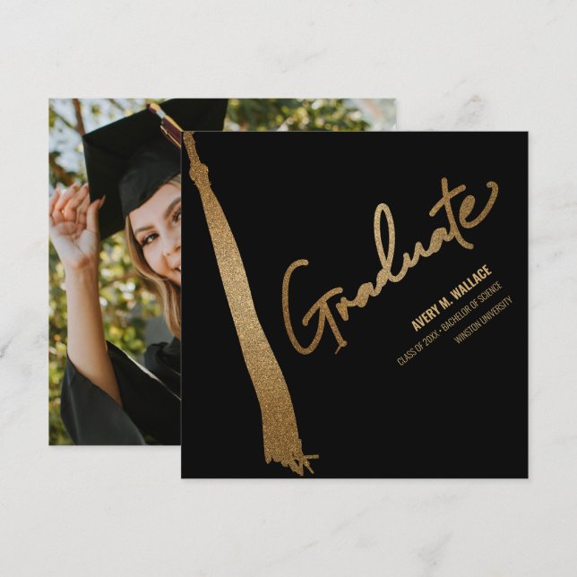 Tarjeta De Agradecimiento Personalizado Foto Graduación Única de Black Gold  (Anverso / Reverso)