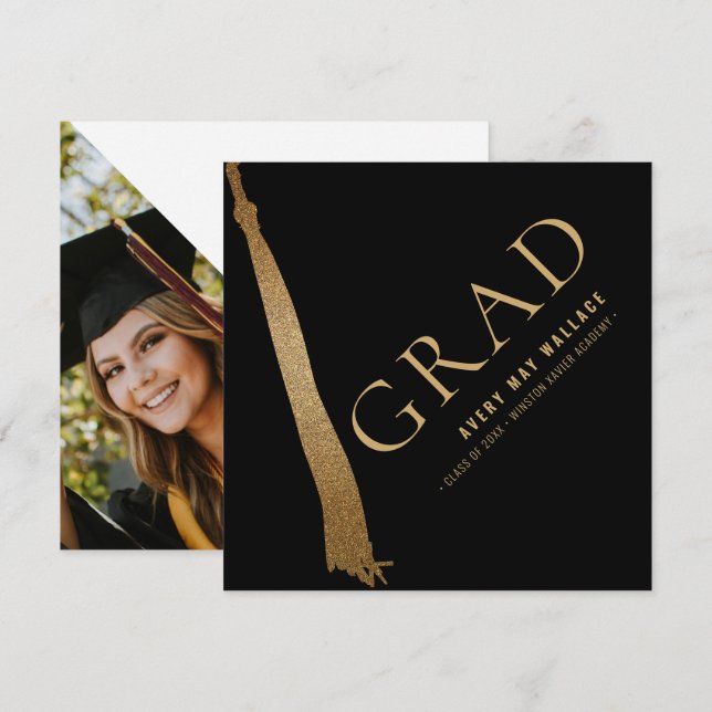 Tarjeta De Agradecimiento Personalizado Foto Graduación Única de Black Gold  (Anverso / Reverso)