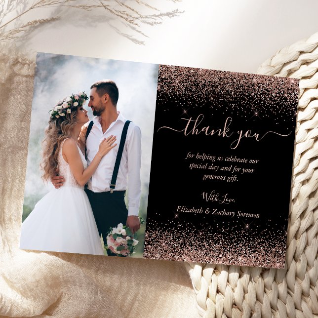 Tarjeta De Agradecimiento Personalizado Foto Rosa negro Boda Purpurina de or (Subido por el creador)