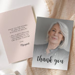 Tarjeta De Agradecimiento Personalizado Foto Rubor Pink 70th Birthday Party<br><div class="desc">La parte delantera de esta invitación para cumplir 70 años muestra la foto del invitado de honor con las palabras "gracias" en un elegante guión de caligrafía negra. Una pantalla blanca ayuda a hacer que el texto aparezca. Personalizar el lado inverso con tu mensaje personal en sans serif negro y...</div>