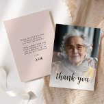 Tarjeta De Agradecimiento Personalizado Foto Rubor Pink 80th Birthday Party<br><div class="desc">La parte delantera de esta invitación para el 80 cumpleaños muestra la foto del invitado de honor con las palabras "gracias" en un elegante guión de caligrafía negra. Una pantalla blanca ayuda a hacer que el texto aparezca. Personalizar el lado inverso con tu mensaje personal en sans serif negro y...</div>