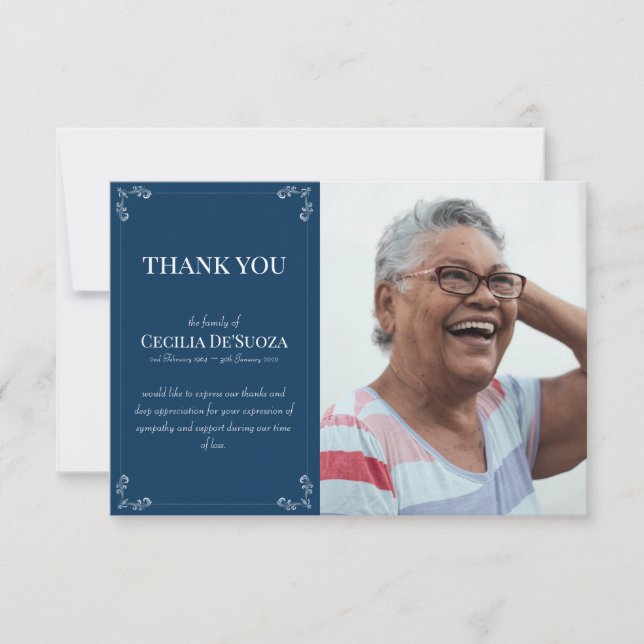 Tarjeta De Agradecimiento Personalizado Fotografía Simpatía Funeral Azul osc (Anverso)