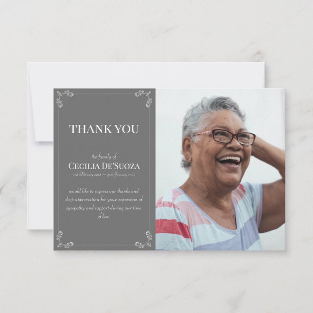 Tarjeta De Agradecimiento Personalizado Fotografía Simpatía Funeral Gris osc (Anverso)