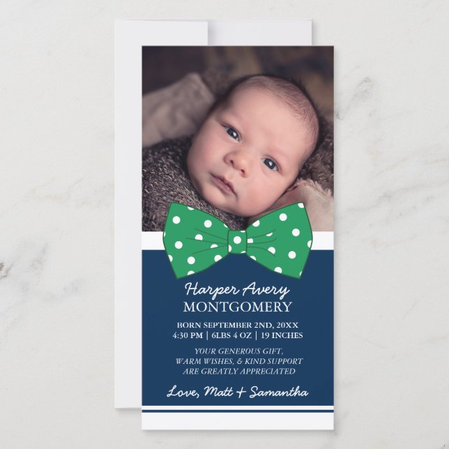 Tarjeta De Agradecimiento Personalizado Green Bow Foto Baby Shower Gracias (Anverso)