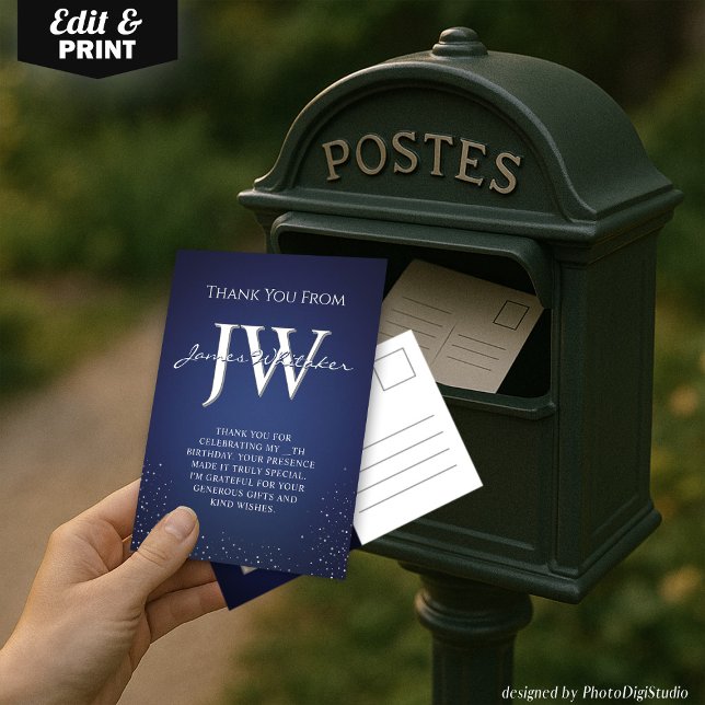 Tarjeta De Agradecimiento Personalizado Iniciales Elegante Blue Silver Tarje (Custom Initials Elegant Blue Silver Thank You Card)