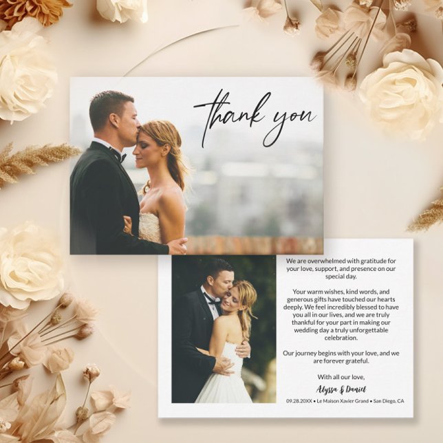 Tarjeta De Agradecimiento Personalizado moderno 2 fotos Bodas Simple (Modern 2 wedding photo horizontal thank you cards.)